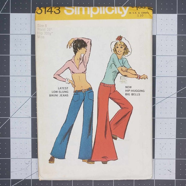 Retro 70's Simplicity misses' bell-bottom bikini jeans and hip-hugger wide leg jeans sewing pattern number 5143 UNCUT size 8