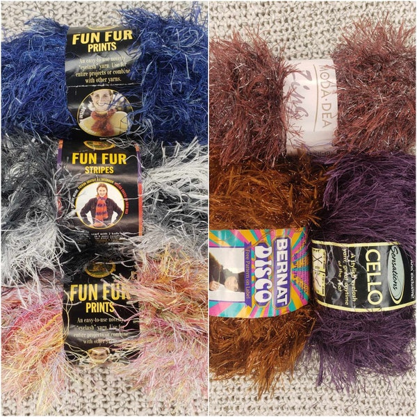 Eyelash yarn Moda Dea Zing chestnut, Bernat Disco Mr. Brown, Sensations Cello dark purple, Lion Brand Yarn Fun Fur confetti, indigo, Sky