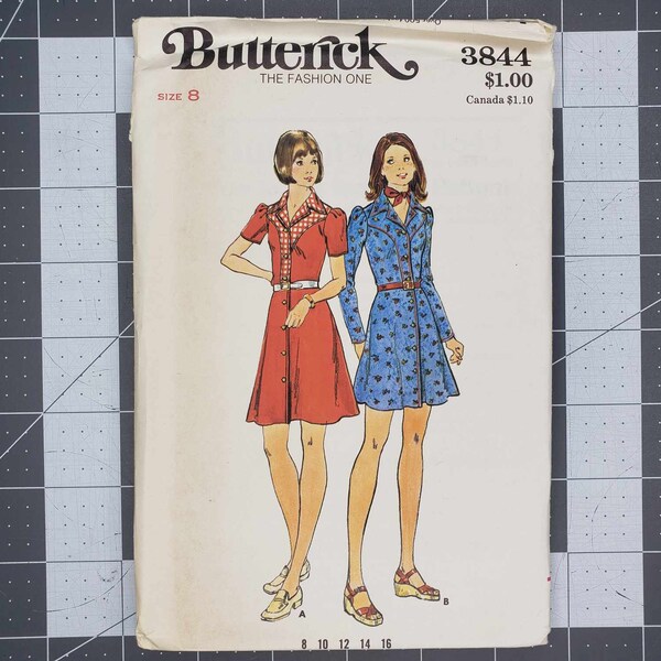 Retro 70's Butterick misses' dress sewing pattern number 3844 UNCUT size 8