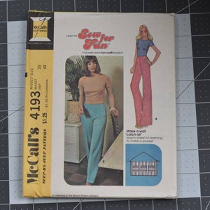 May include: McCall's sewing pattern number 4193 for misses sizes 30, 38, and 40. The pattern includes instructions for making trousers with a fun craft project. The pattern cover features two women wearing different styles of trousers. The text on the cover reads "Learn to Sew for Fun!" and "Includes a fun craft project!"