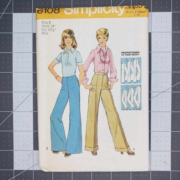 Retro 70's Simplicity misses' proportioned straight leg and wide leg pants sewing pattern number 6108 UNCUT size 8