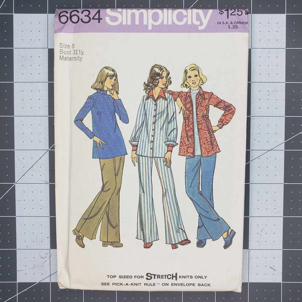 Retro 70's Simplicity maternity top, shirt jacket and wide-leg jeans in misses' sizes sewing pattern number 6634 UNCUT size 8