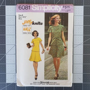 May include: Simplicity sewing pattern number 6081 for a dress, featuring a green floral print and a yellow dress with a simple design. The pattern is for stretch knits only and includes instructions for easy cut and easy sew.