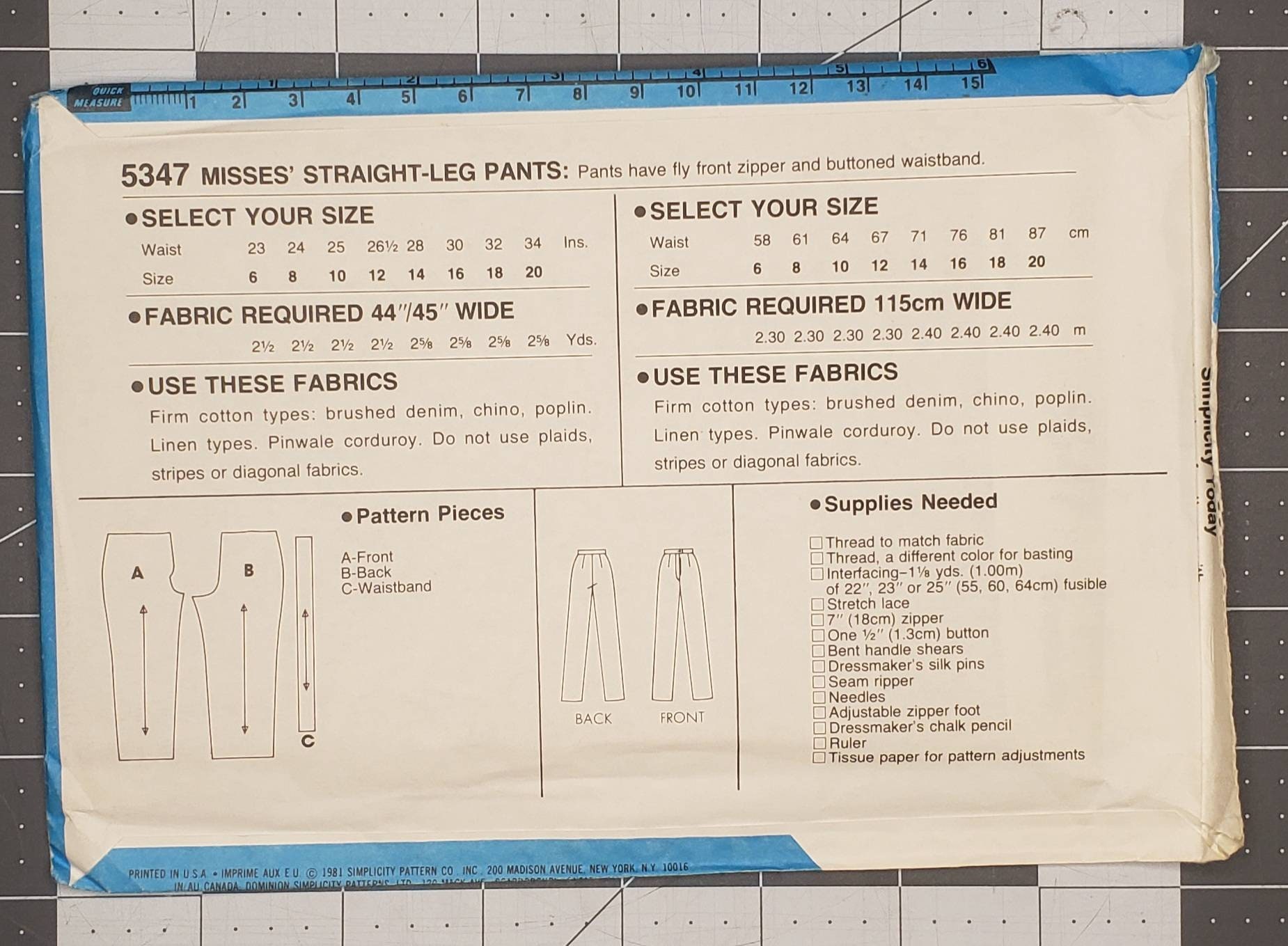 Simplicity Pattern 5347 Retro Simplicity Misses' Straight Leg Pants Sewing Pattern Number 5347 ...