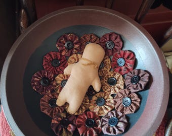 Vintage Hand Painted Wooden Bowl with Yo Bowl Liner and a Primitive Folk Art Grungy Doll