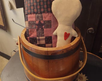 Vintage Sugar Bucket with Quilt and Stump Doll Fillers