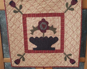 Wool Applique Wall or Table Quilt, Baskets and Blooms Block 9