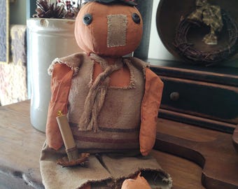 Pumpkinhead Jack, a Decorative Grungy Folk Art Doll for the Fall Season