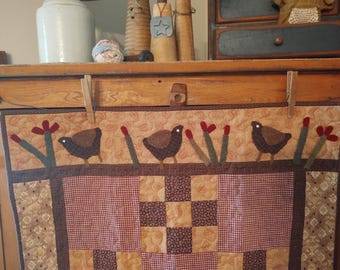 Chick Gathering, a Primitive Folk Art Decorative Wall Quilt