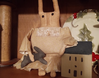 Rita Rabbit, a Tea Stained Cloth Doll for Country Primitive Decor
