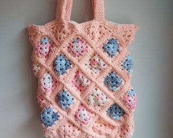 Peach Granny Square Crochet Shoulder Bag