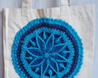 Crochet Mandala Blue Turquoise Canvas Shoulder Bag