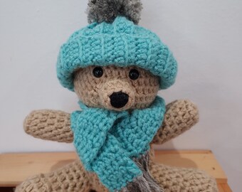 Hat Scarf Teddy Bear Gray Crochet Costume Toy