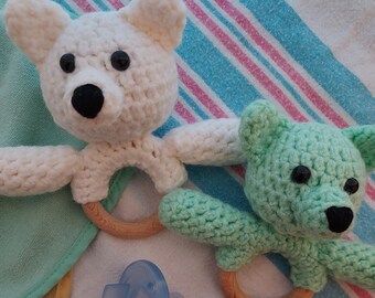 Rattles Mint Green White Crocheted Teddy Bears