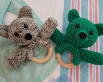 Rattles Green Gray Crocheted Teddy Bears