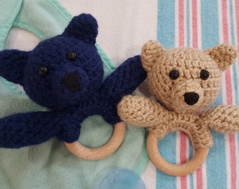 Rattles Navy Tan Crocheted Teddy Bears