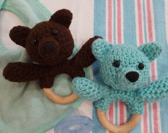 Rattles Turquoise Brown Crocheted Teddy Bears