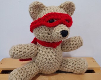 Superhero Teddy Bear Red Cape Mask Crochet Costume Toy