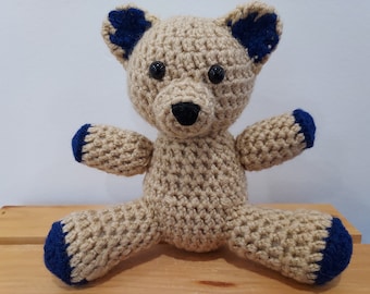 Tan and Navy Crocheted Teddy Bear
