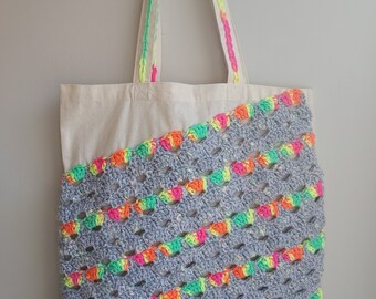 Gray Neon Crochet Canvas Shoulder Bag