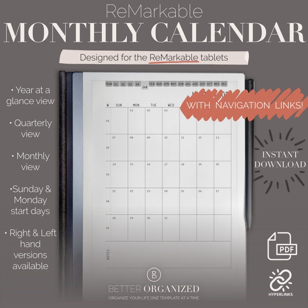 reMarkable 2 Template 2024 Monthly Calendar | Digital Template | Digital Download | With Hyperlink | digital calendar for e-ink tablet