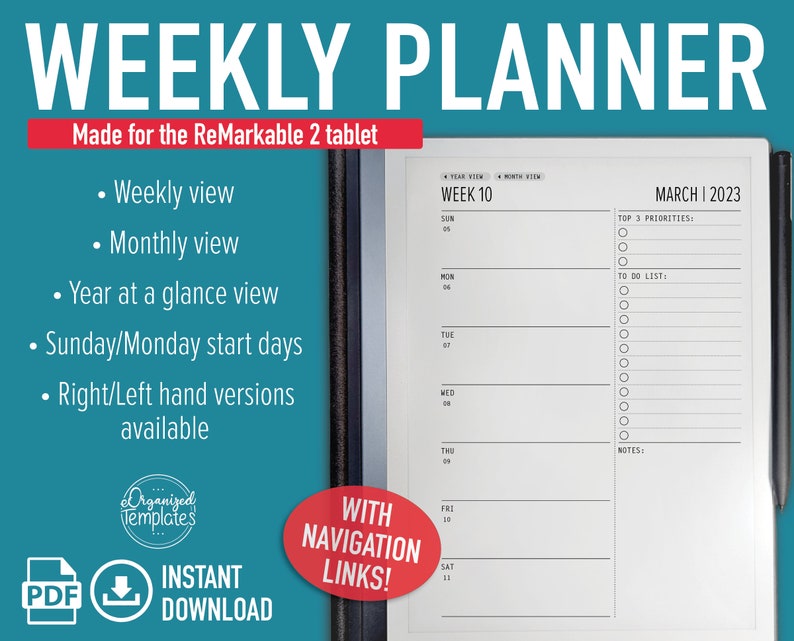Remarkable 2 Template Weekly Planner 2023 Remarkable Etsy
