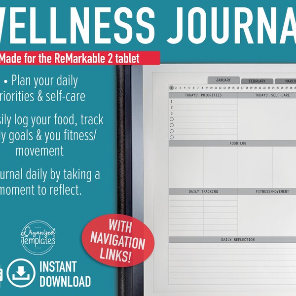 reMarkable 2 Template | Daily Wellness Log | Self Care Journal | Health and Fitness | Digital Template | Hyperlink | digital e-ink tablet