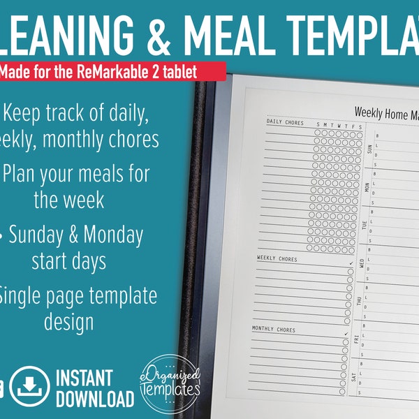 reMarkable 2 Template | Cleaning Planner Template | Meal Planning Template | Weekly Cleaning Planner | Cleaning Checklist | Digital Download