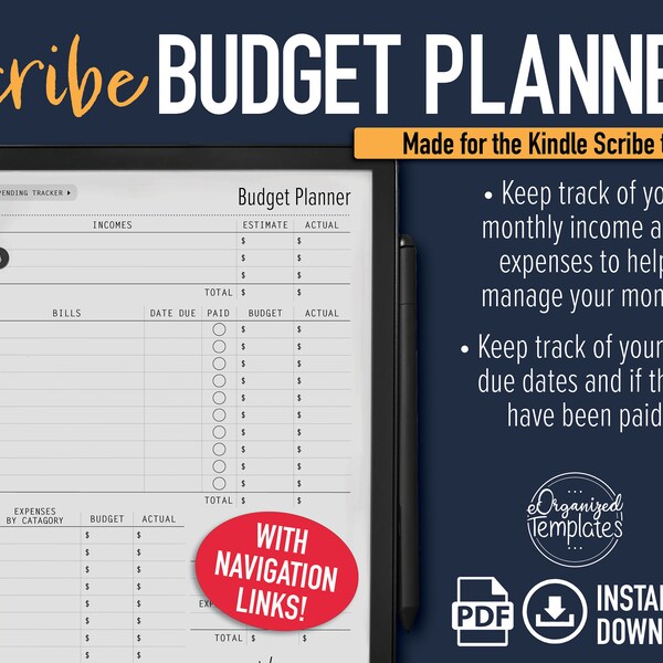 Kindle Scribe Template | Kindle Scribe Budget Planner | Paycheck Budget Planner | Income Expense Tracker | Digital Template | e-ink template