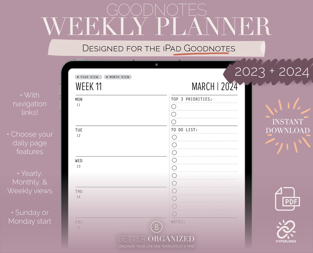 Digital Weekly Planner for Goodnotes 2023 & 2024 iPad Digital Template ...