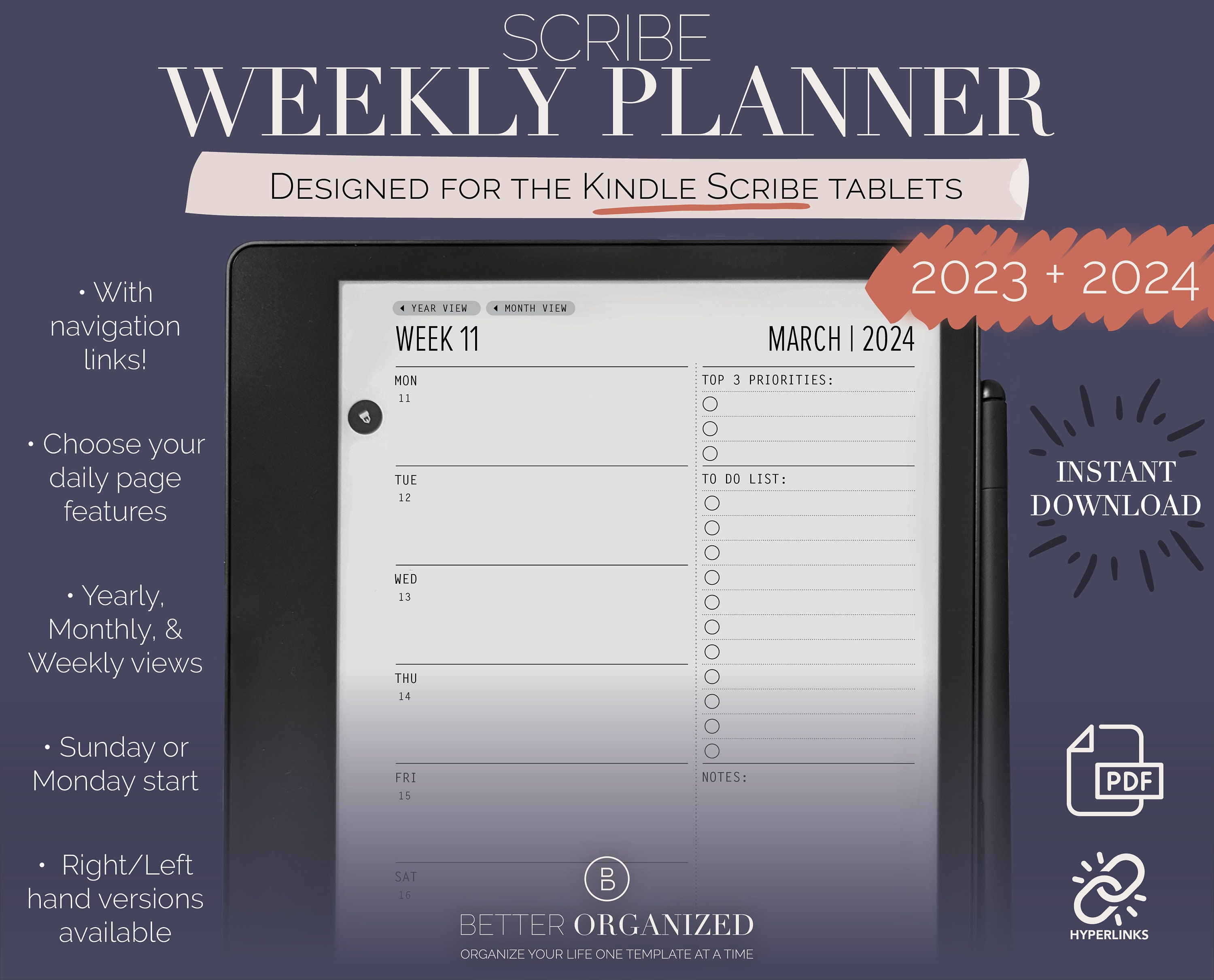 Kindle Scribe Template | Weekly Planner 2023 & 2024 | Digital Template |  Monthly Calendar | With Hyperlink | digital planner e-ink tablet