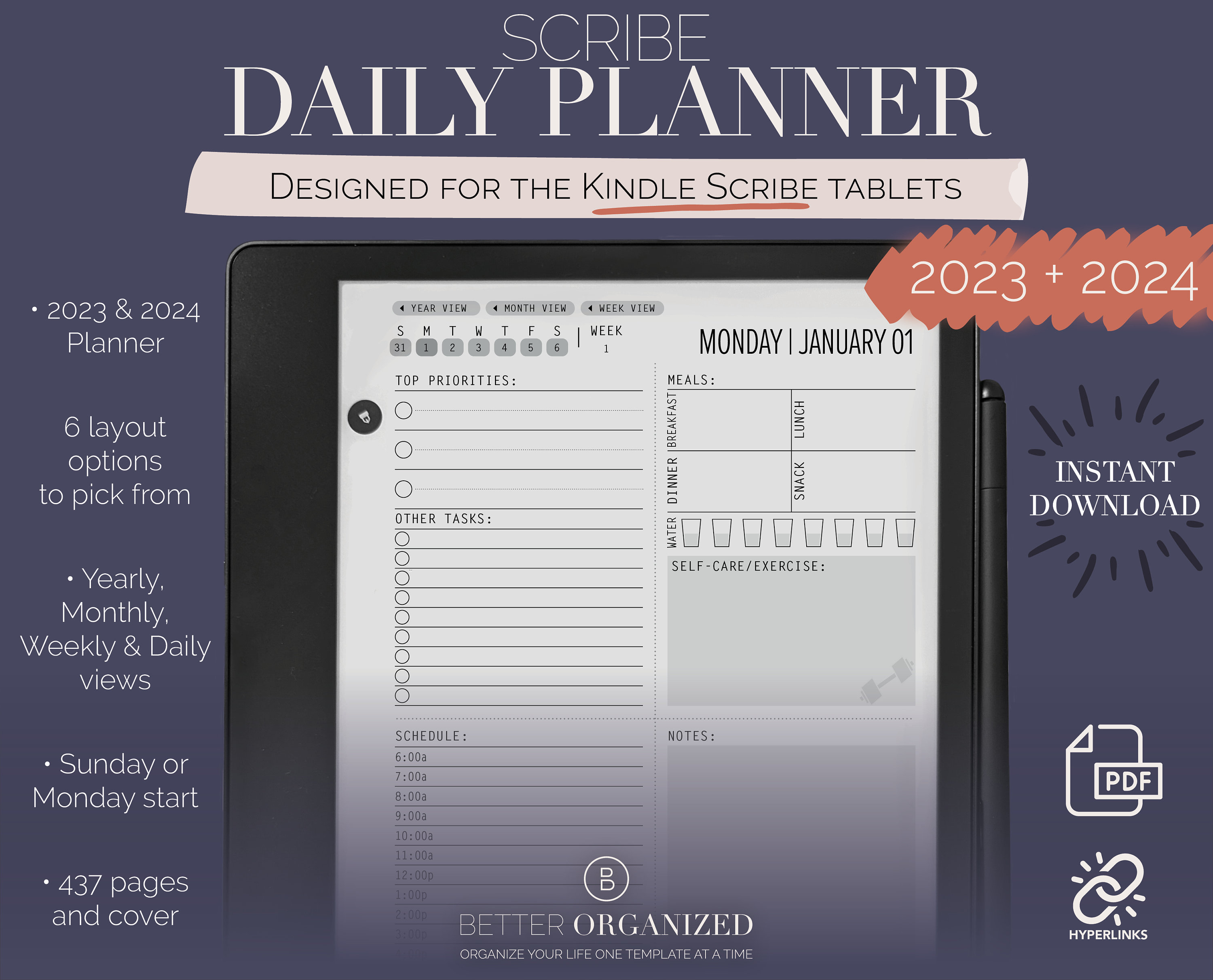 Kindle Scribe Daily Planner, 2024, 2025, Kindle Scribe Templates, Calendar,  Agenda, Weekly 
