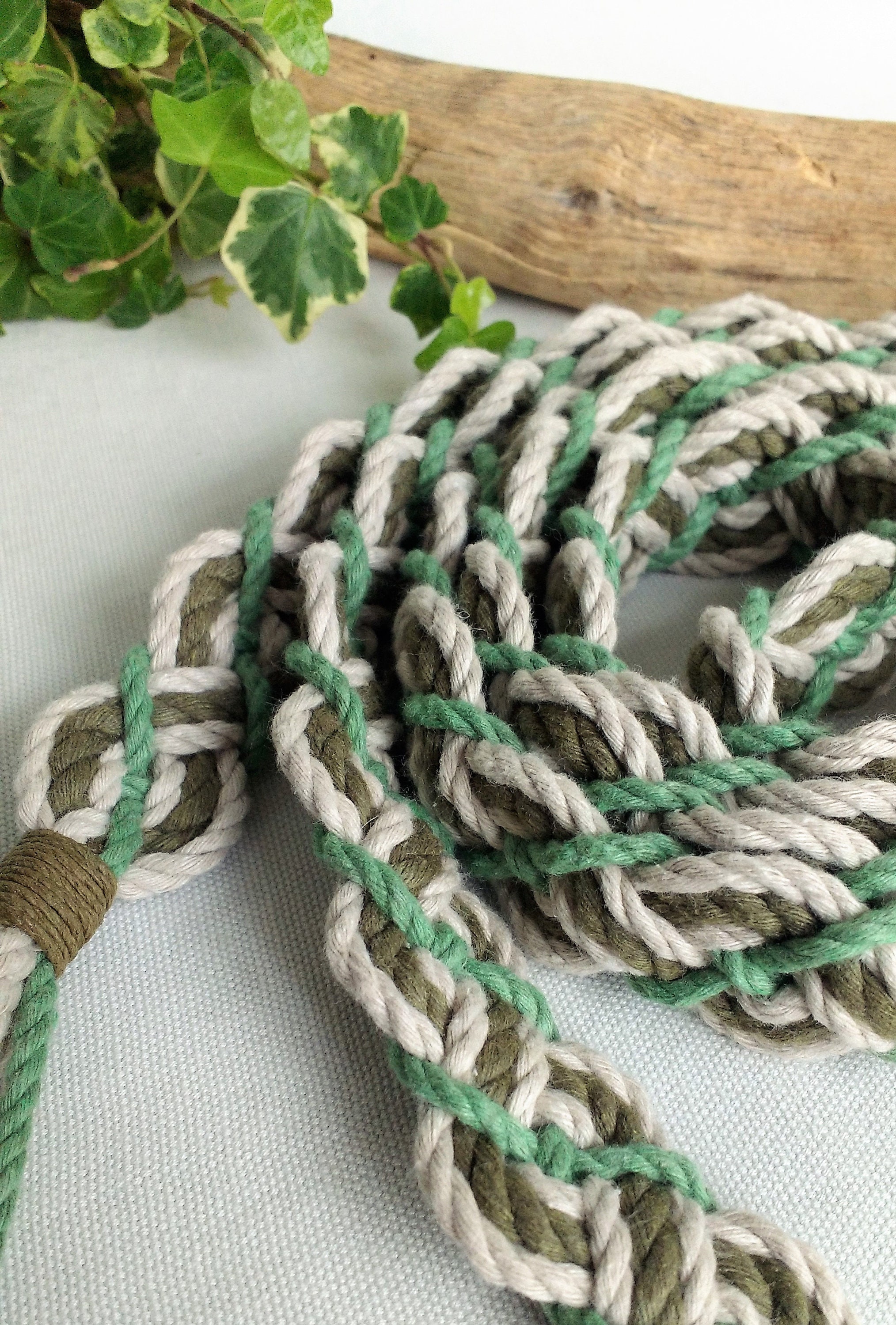 Earthy green Celtic braided handfasting cord ~ 100% recycled cotton yarn ~ ethical wedding ribbon ~ matcha green and ivory ~ Celtic braid