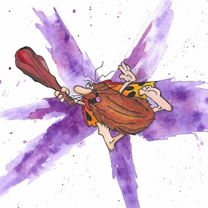 May include: A cartoon caveman with a long beard and a club swings through the air, leaving a purple watercolor trail behind him.