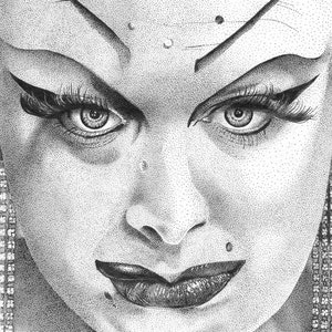 May include: Black and white stipple drawing of a person's face with heavy eye makeup and a dramatic expression. The person is wearing earrings.