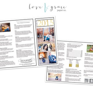 Puede incluir: Un folleto con un diseño en blanco y negro que presenta un negocio de fotografía llamado "Love & Grace Paper Co.". El folleto incluye información sobre el negocio, los precios y algunas fotos de personas. El folleto también incluye el texto "How to Prepare for your Session" y "2015".