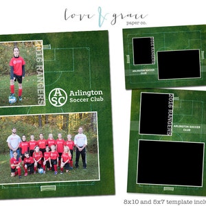 Peut inclure: Un terrain de football vert avec un contour blanc, une photo d'équipe d'une équipe de football de jeunes et deux espaces réservés pour photos avec le texte "2016 Rangers" et "Arlington Soccer Club".