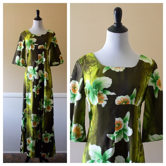 70s tropical print maxi dress, small