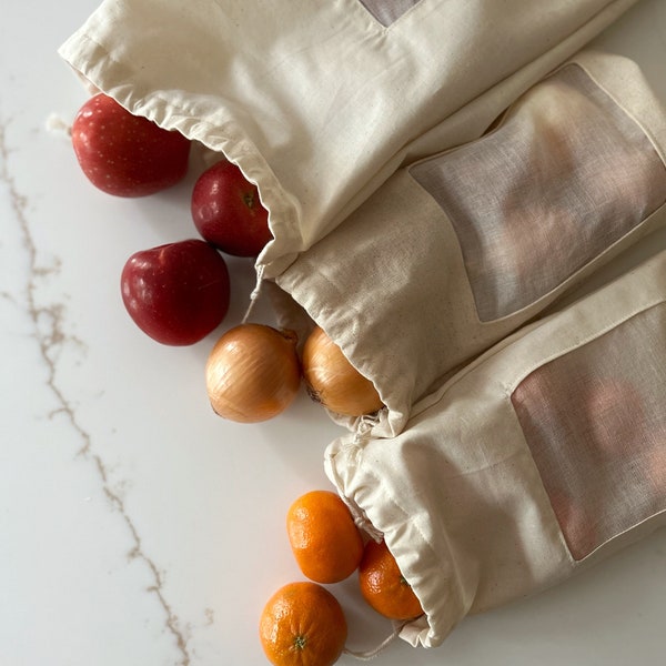 Reusable Produce Bag with Drawstring Cotton Linen Bag for Produce with See Through Window Vegetable and Fruit Bags Zero Waste Grocery Bags