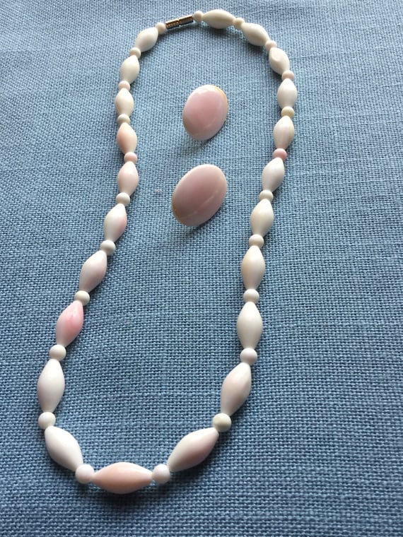 White & Pale pink Polished Ceramic Necklace and Ea