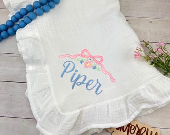 Personalized Ruffled Muslin Baby Blanket: Embroidered Bow & Flowers