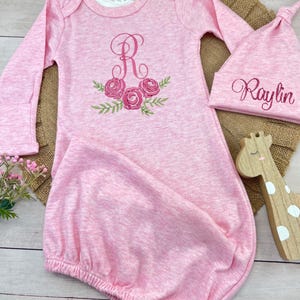 Baby Gown-Personalized Baby Gown-Pink Baby Gown-Girl Baby Gown-Floral Baby Gown-Baby Gown and Hat-Baby Sleeper