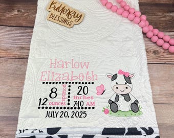Personalized Cow Baby Quilt, Embroidered Birth Stats, Heirloom Blanket