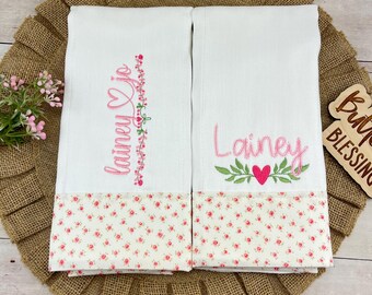 Personalized Baby Girl Burp Cloths, Embroidered Floral Trim