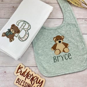 Baby Bib And Burpcloth-Embroidered Burpcloth-Embroidered Baby Bib-Baby Gift Set-Bear Baby Bib-Bear Burpcloth