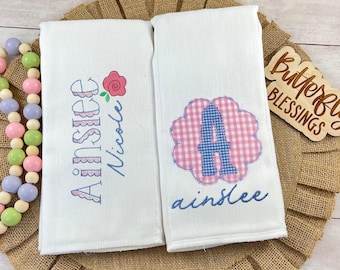 Personalized Baby Burp Cloth, Embroidered Floral Initial, Girl Shower Gift