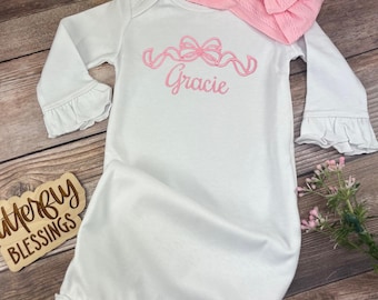Personalized Ruffled Baby Gown – Embroidered Cotton Coming Home Outfit