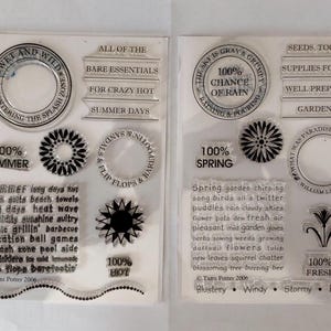 May include: Two clear sheets of photopolymer stamps featuring seasonal themes. The left sheet includes summer-themed text and icons like a sun and splash zone. The right sheet features spring-themed text, garden imagery, and weather-related phrases.