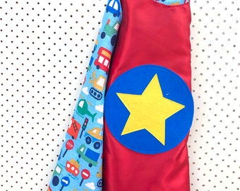 Kids Superhero Cape - Red with vehicles!