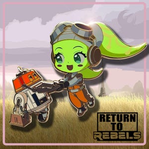 May include: A colorful enamel pin featuring two cartoon characters from Star Wars: Rebels. One character is a green-skinned female with goggles and a ponytail, and the other is a small, orange and white droid. The pin has the text "RETURN TO REBELS".